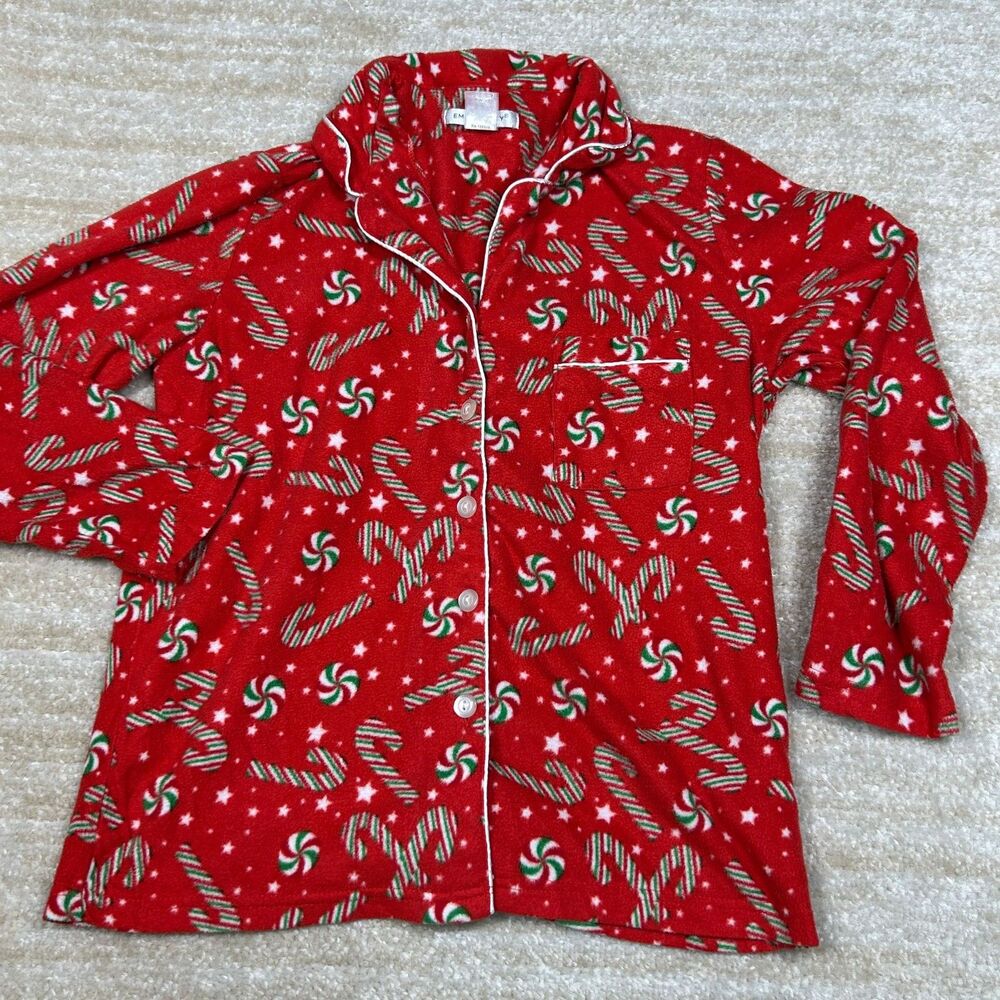 Emily Stacy Pajama Top Womens S Red Candy Cane Holiday Button Up Sleep Shirt